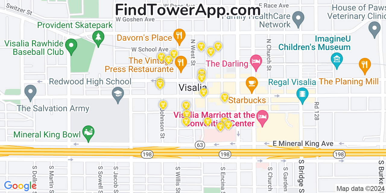 AT&T 4G/5G cell tower coverage map Visalia, California