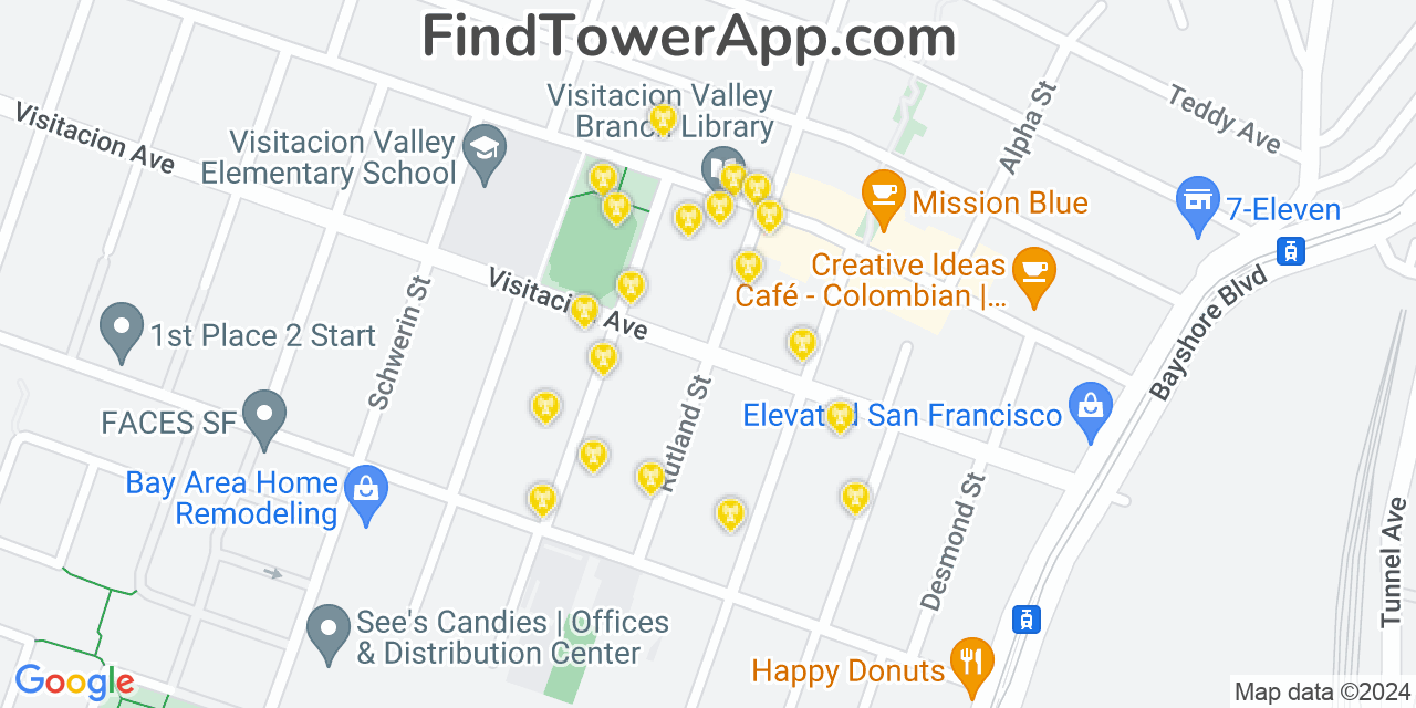 AT&T 4G/5G cell tower coverage map Visitacion Valley, California