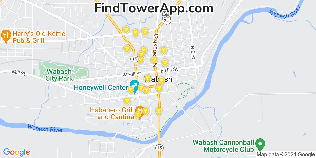 AT&T 4G/5G cell tower coverage map Wabash, Indiana