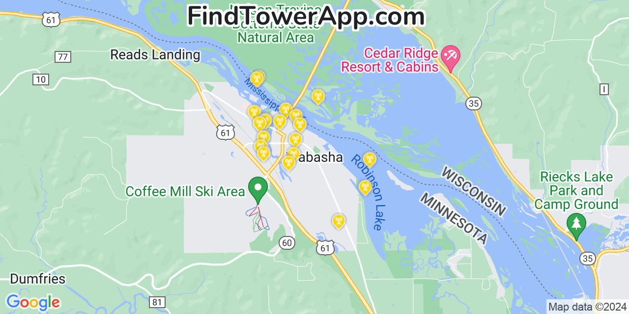 Verizon 4G/5G cell tower coverage map Wabasha, Minnesota