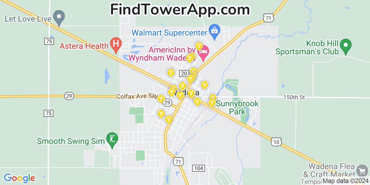 AT&T 4G/5G cell tower coverage map Wadena, Minnesota