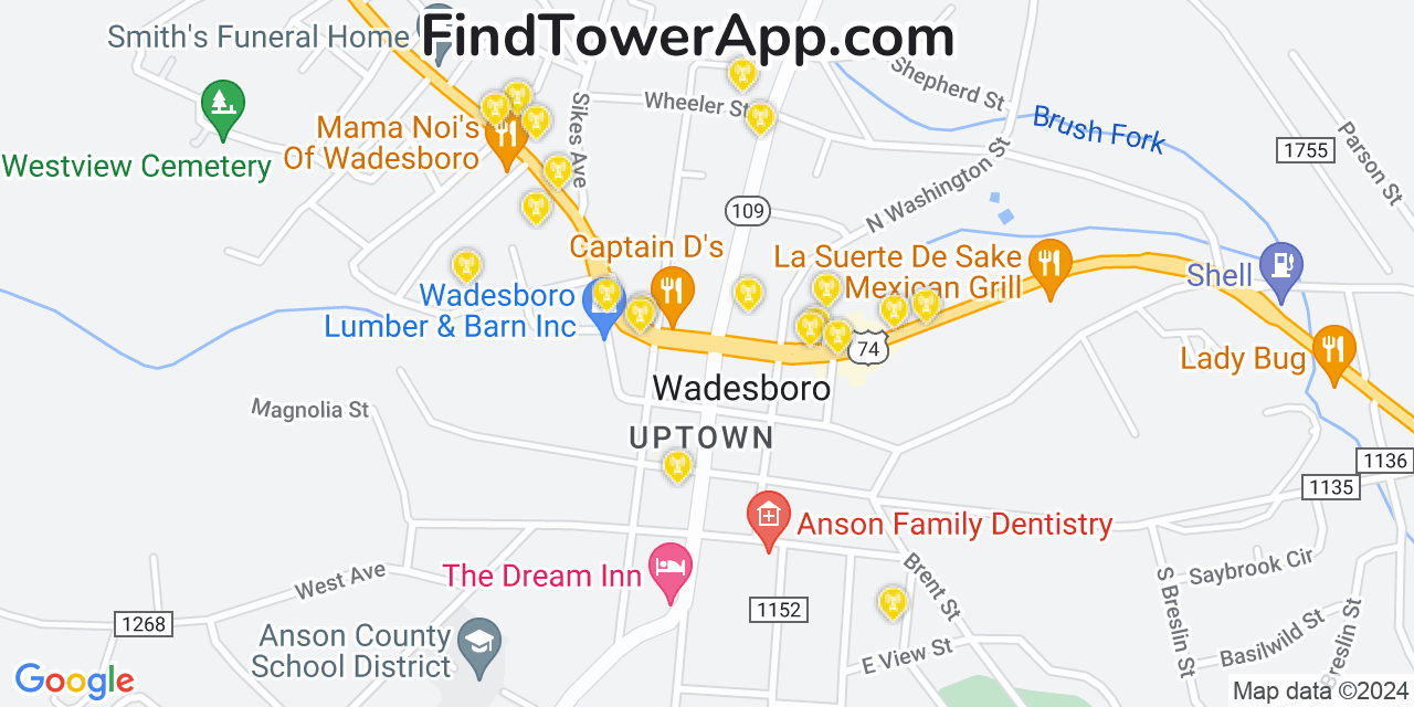 AT&T 4G/5G cell tower coverage map Wadesboro, North Carolina