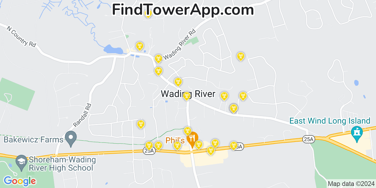 AT&T 4G/5G cell tower coverage map Wading River, New York