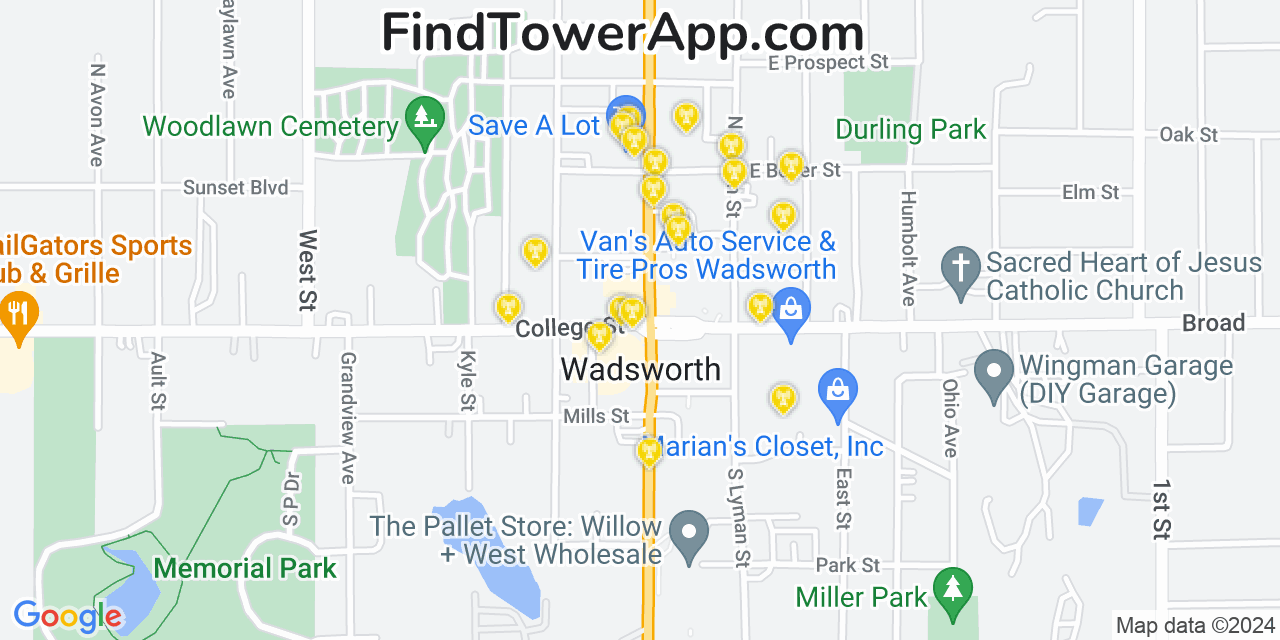 AT&T 4G/5G cell tower coverage map Wadsworth, Ohio