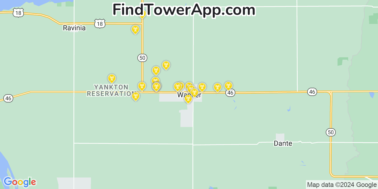 AT&T 4G/5G cell tower coverage map Wagner, South Dakota