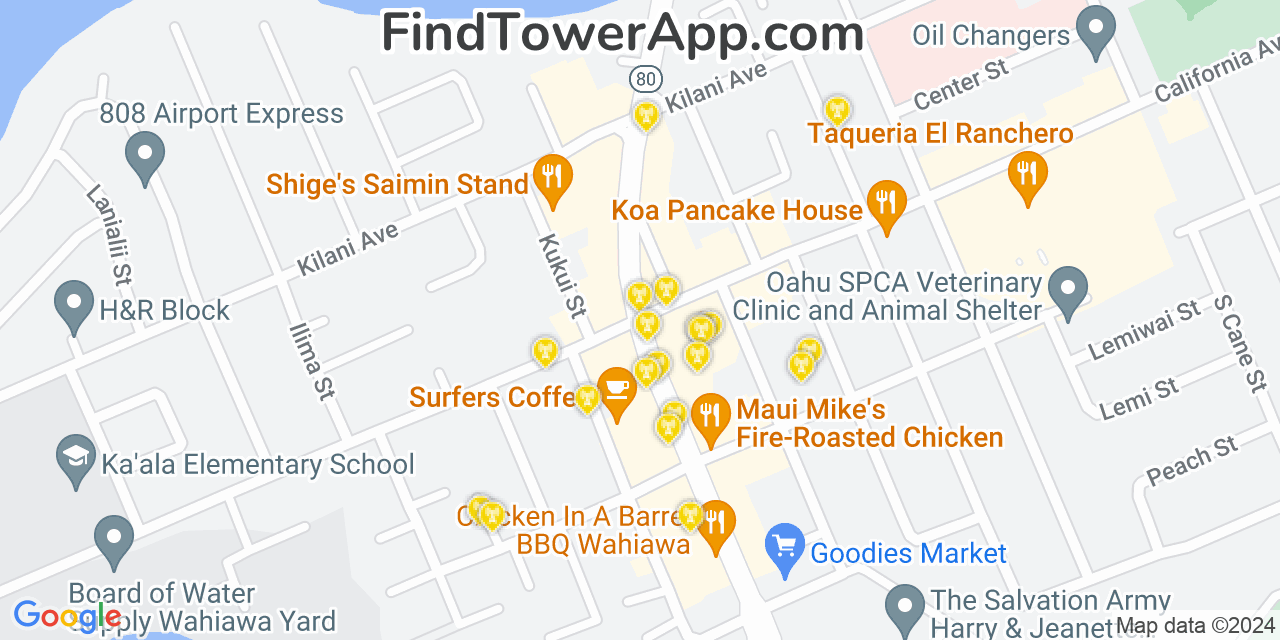 AT&T 4G/5G cell tower coverage map Wahiawā, Hawaii