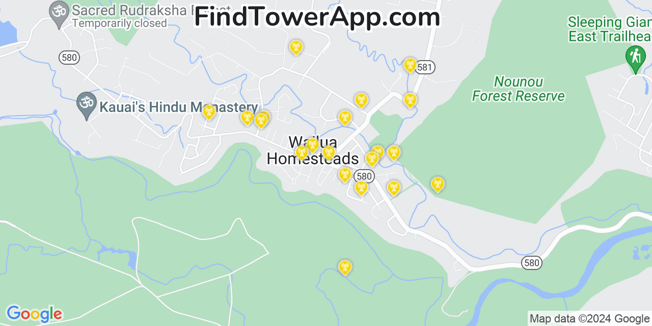 AT&T 4G/5G cell tower coverage map Wailua Homesteads, Hawaii