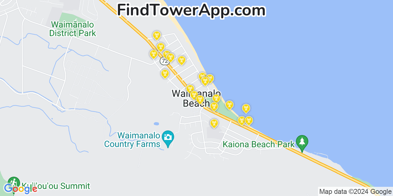 AT&T 4G/5G cell tower coverage map Waimānalo Beach, Hawaii