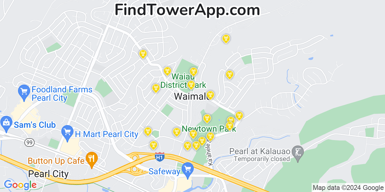 AT&T 4G/5G cell tower coverage map Waimalu, Hawaii