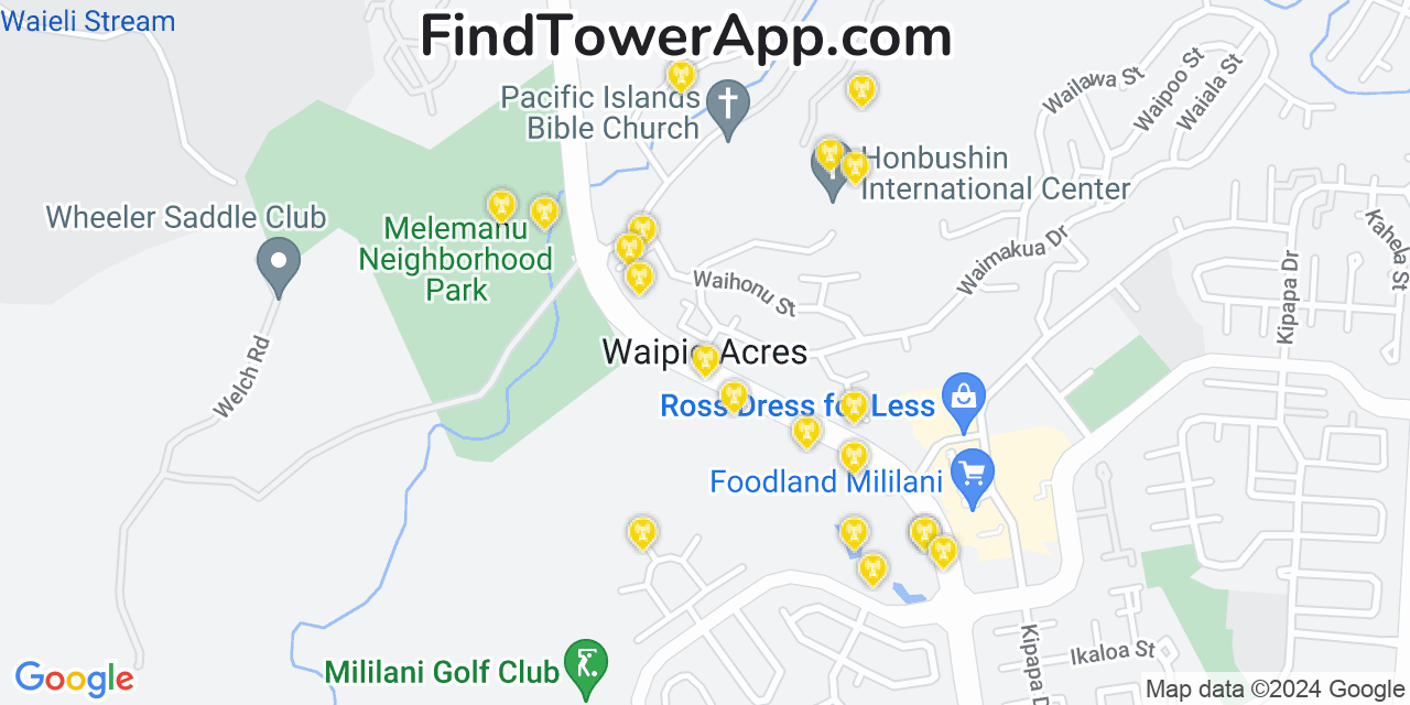 AT&T 4G/5G cell tower coverage map Waipi‘o Acres, Hawaii