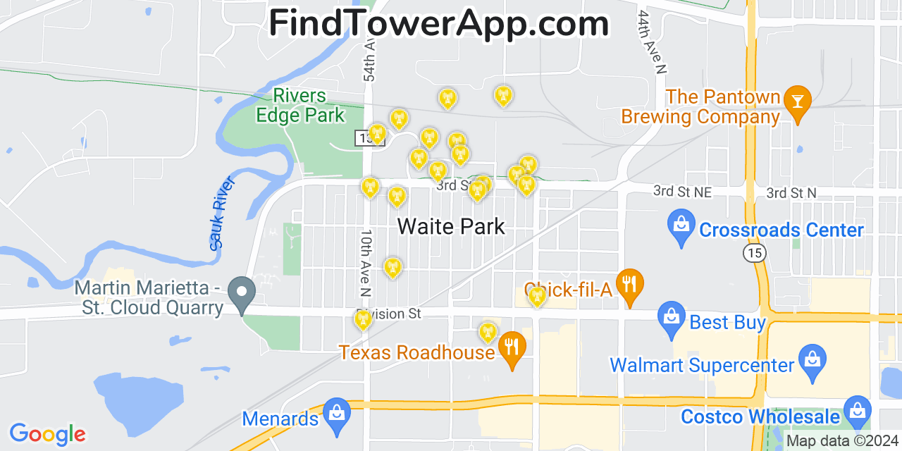 Verizon 4G/5G cell tower coverage map Waite Park, Minnesota