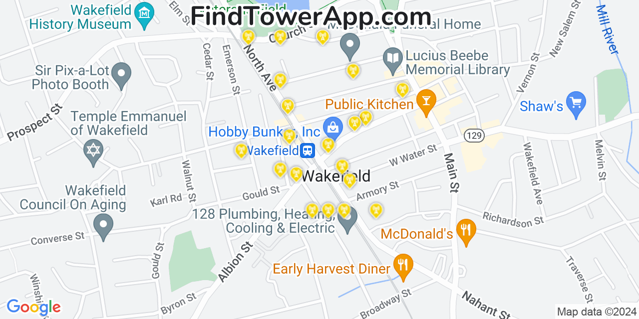 AT&T 4G/5G cell tower coverage map Wakefield, Massachusetts