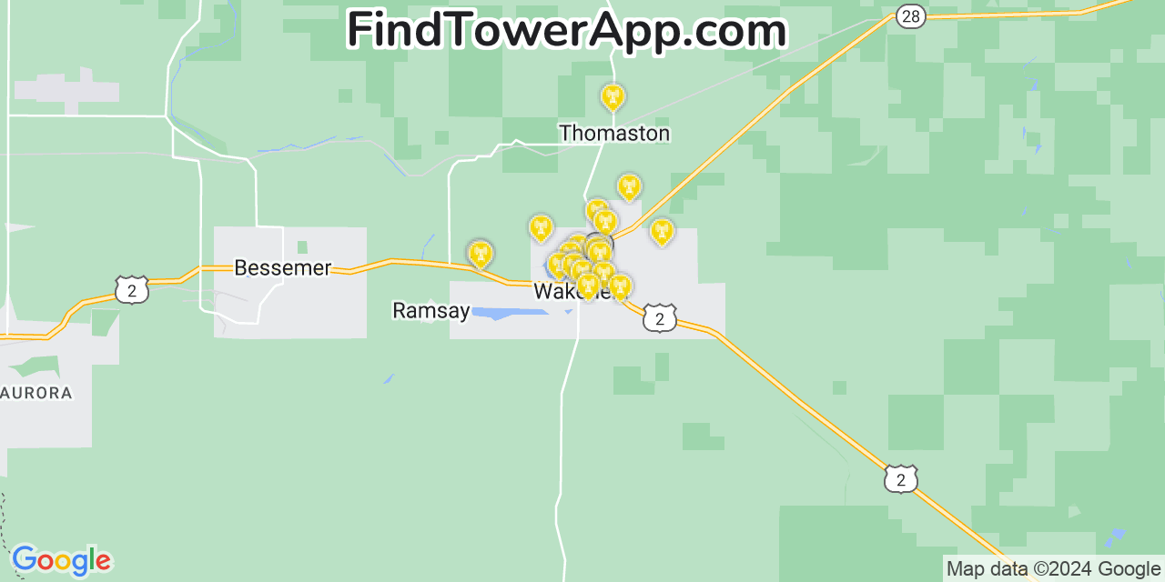 AT&T 4G/5G cell tower coverage map Wakefield, Michigan