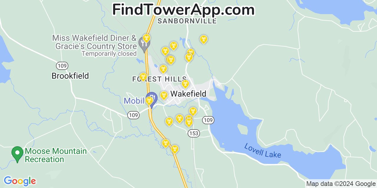 AT&T 4G/5G cell tower coverage map Wakefield, New Hampshire