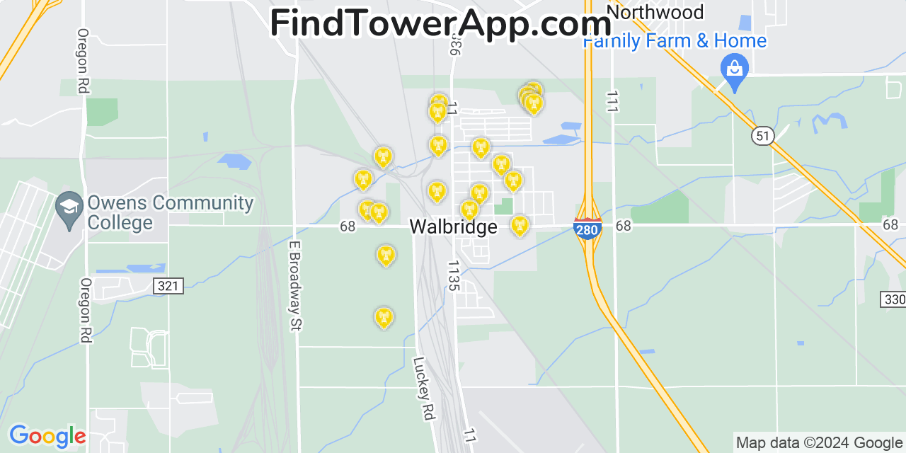 AT&T 4G/5G cell tower coverage map Walbridge, Ohio