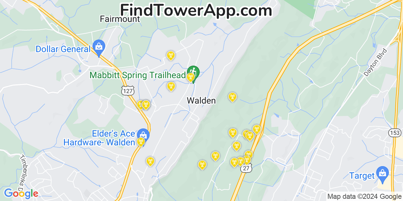 AT&T 4G/5G cell tower coverage map Walden, Tennessee