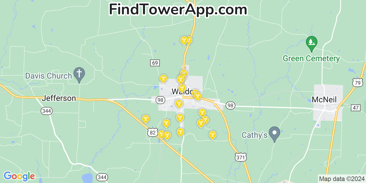 AT&T 4G/5G cell tower coverage map Waldo, Arkansas