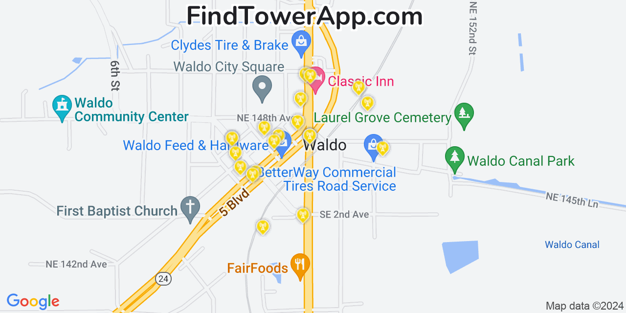 AT&T 4G/5G cell tower coverage map Waldo, Florida