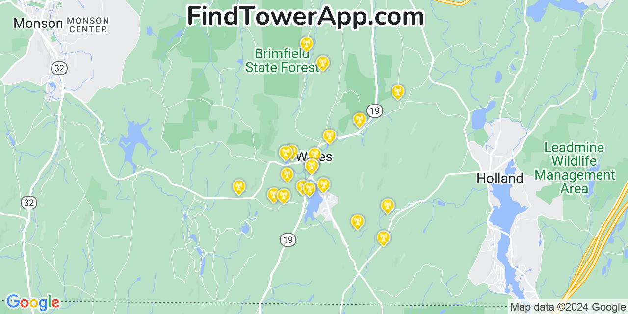AT&T 4G/5G cell tower coverage map Wales, Massachusetts