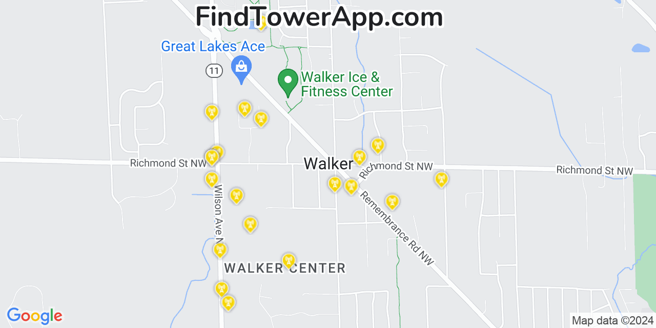 AT&T 4G/5G cell tower coverage map Walker, Michigan