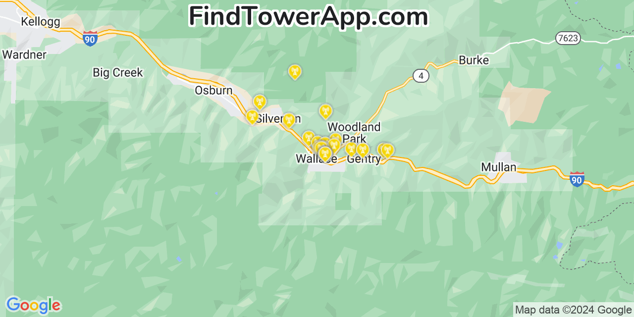Verizon 4G/5G cell tower coverage map Wallace, Idaho