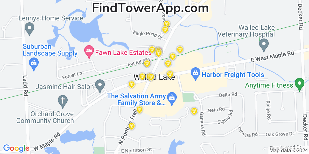 Verizon 4G/5G cell tower coverage map Walled Lake, Michigan