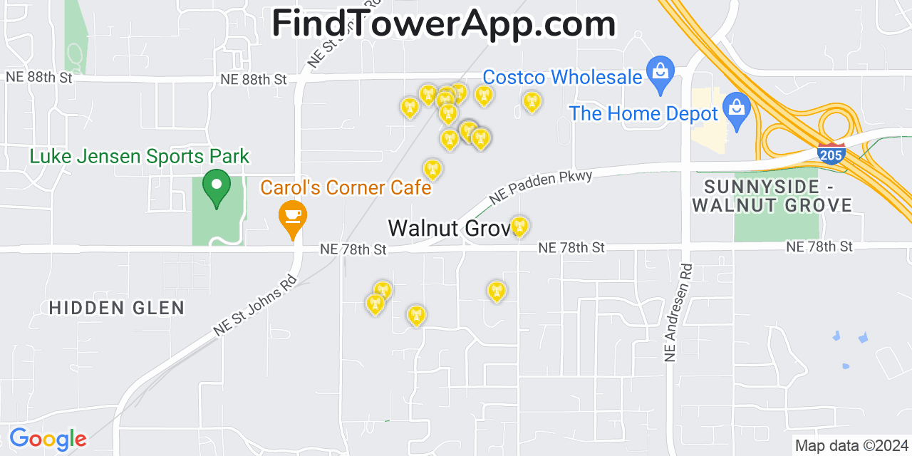 Verizon 4G/5G cell tower coverage map Walnut Grove, Washington