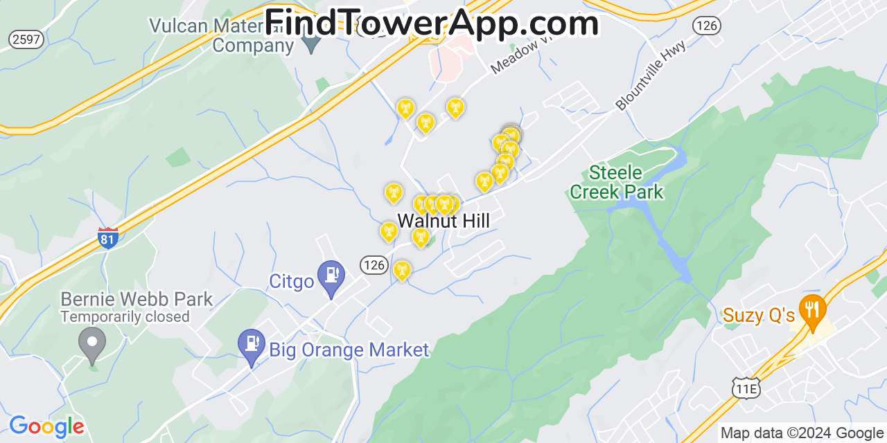 AT&T 4G/5G cell tower coverage map Walnut Hill, Tennessee
