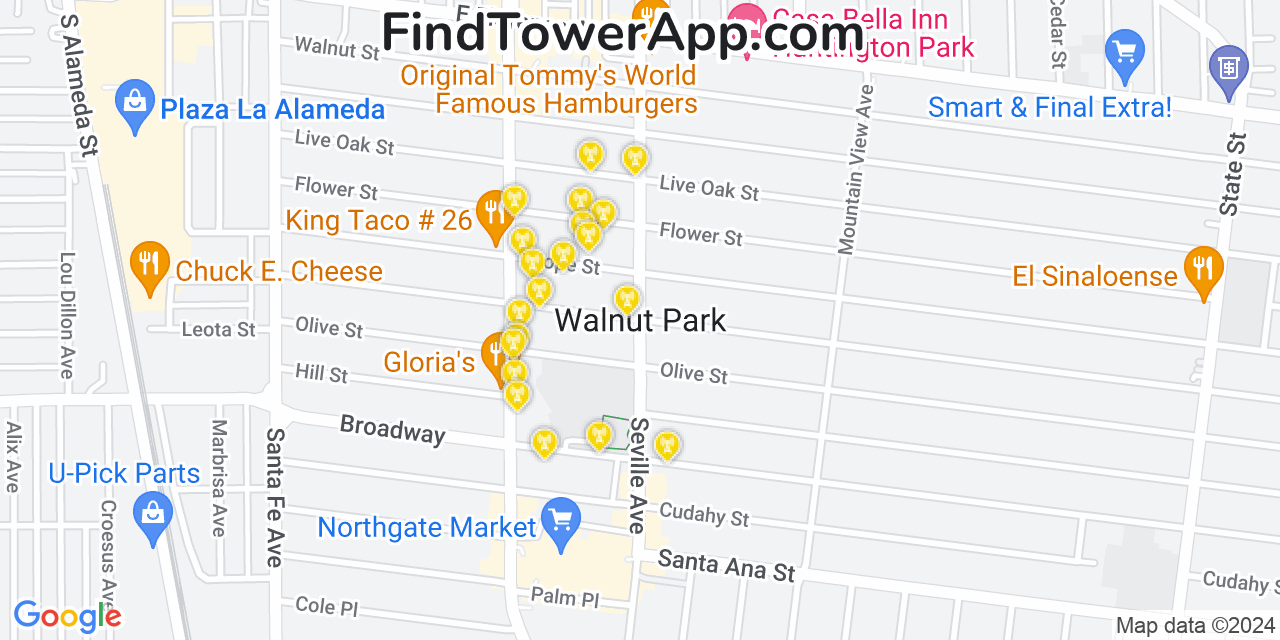 AT&T 4G/5G cell tower coverage map Walnut Park, California
