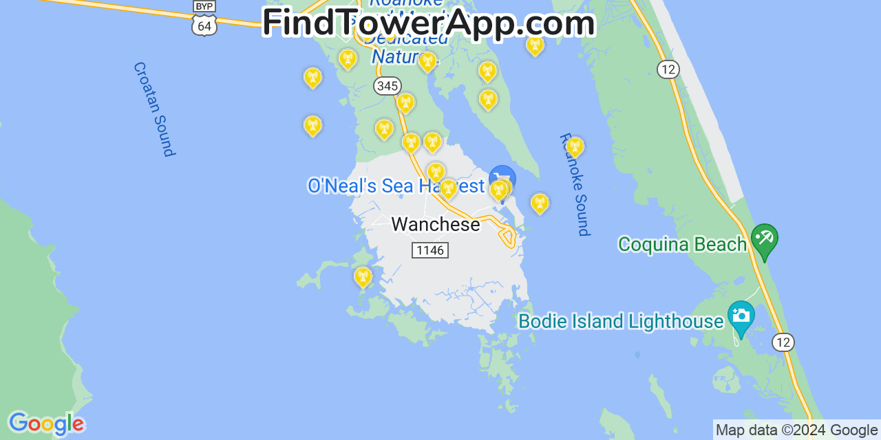 AT&T 4G/5G cell tower coverage map Wanchese, North Carolina