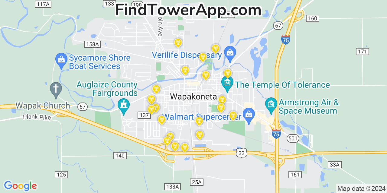Verizon 4G/5G cell tower coverage map Wapakoneta, Ohio