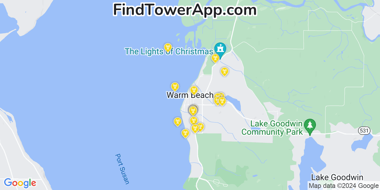 Verizon 4G/5G cell tower coverage map Warm Beach, Washington