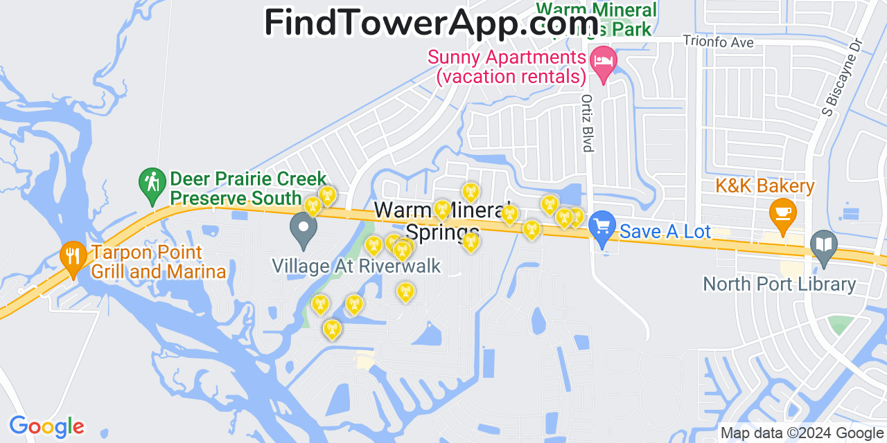 AT&T 4G/5G cell tower coverage map Warm Mineral Springs, Florida
