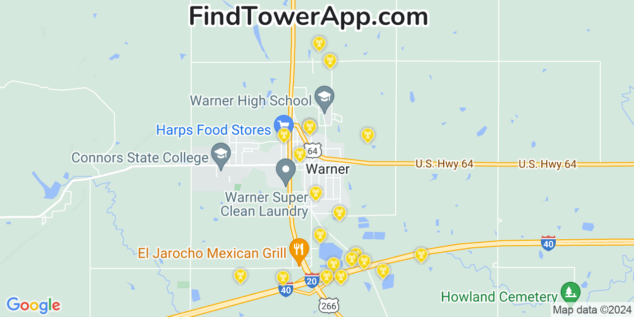 AT&T 4G/5G cell tower coverage map Warner, Oklahoma