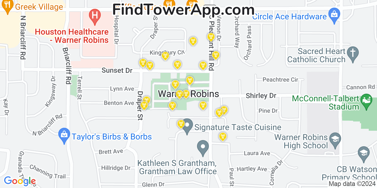 AT&T 4G/5G cell tower coverage map Warner Robins, Georgia