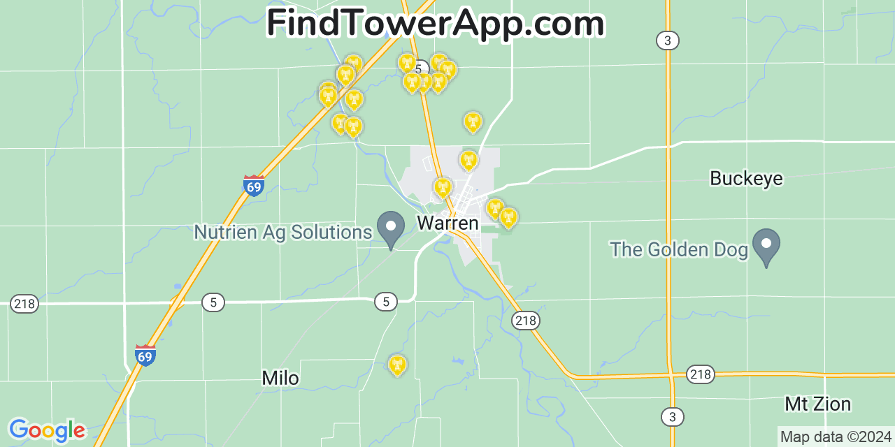 AT&T 4G/5G cell tower coverage map Warren, Indiana