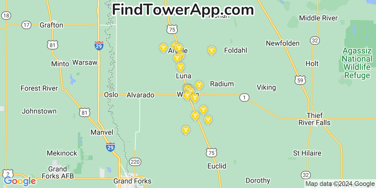 AT&T 4G/5G cell tower coverage map Warren, Minnesota