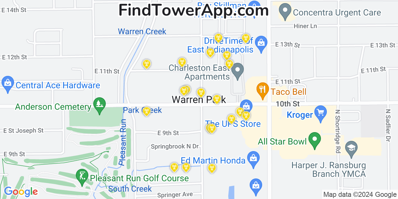 AT&T 4G/5G cell tower coverage map Warren Park, Indiana