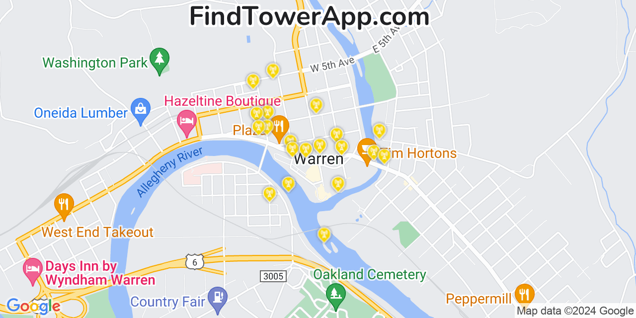 Verizon 4G/5G cell tower coverage map Warren, Pennsylvania