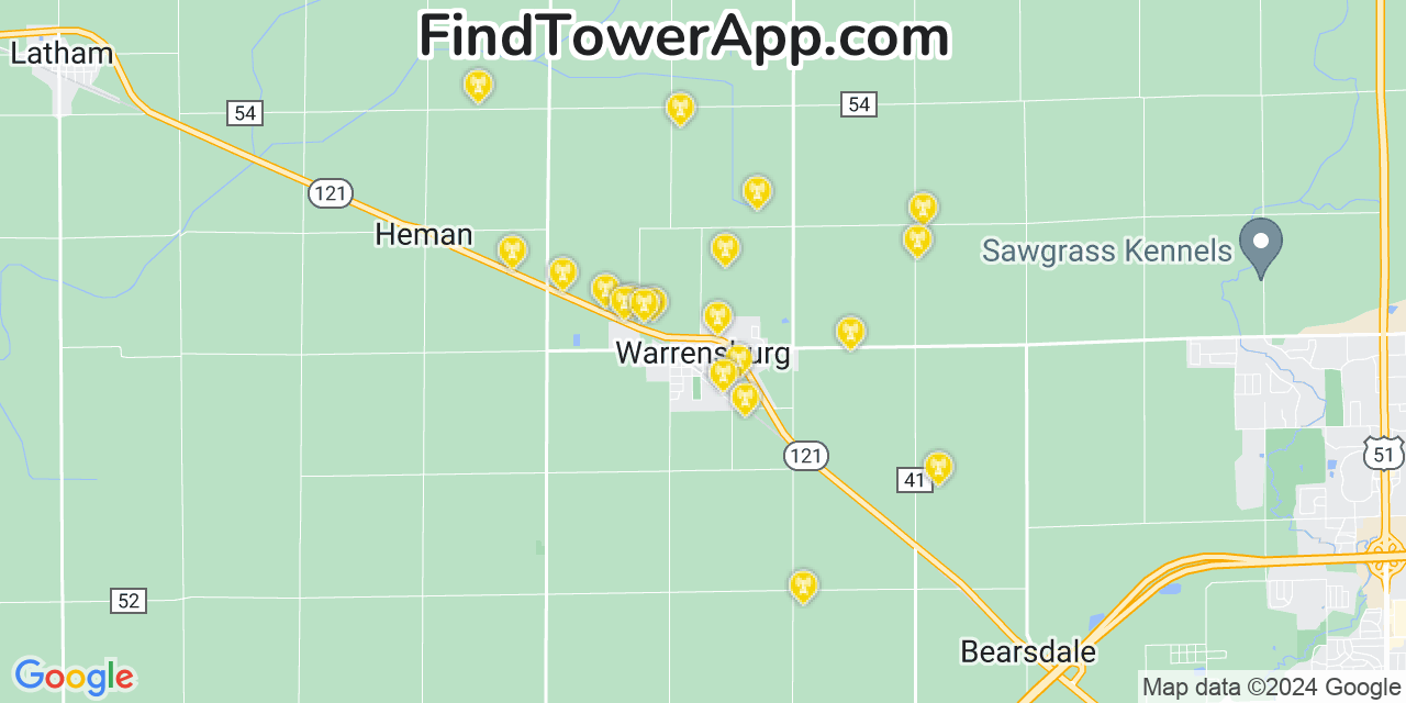 AT&T 4G/5G cell tower coverage map Warrensburg, Illinois
