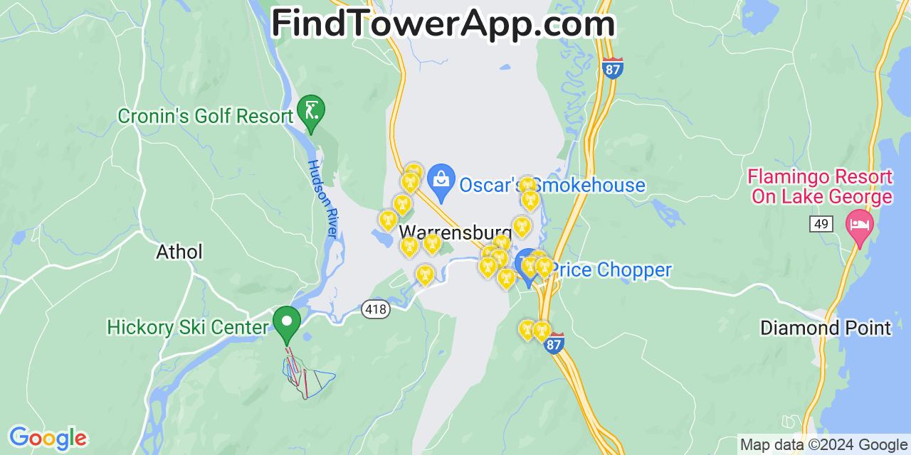 AT&T 4G/5G cell tower coverage map Warrensburg, New York