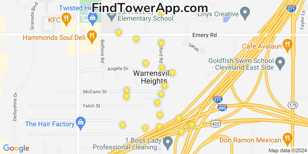AT&T 4G/5G cell tower coverage map Warrensville Heights, Ohio