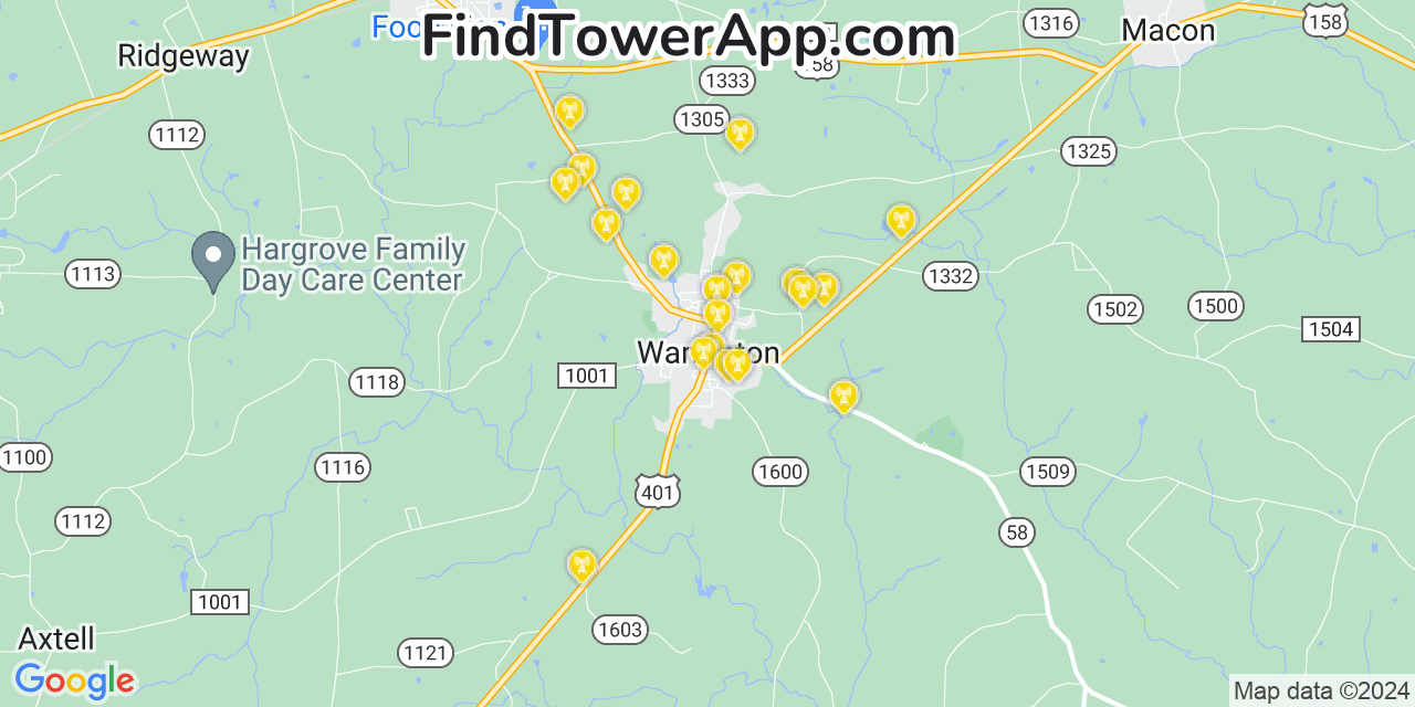 AT&T 4G/5G cell tower coverage map Warrenton, North Carolina