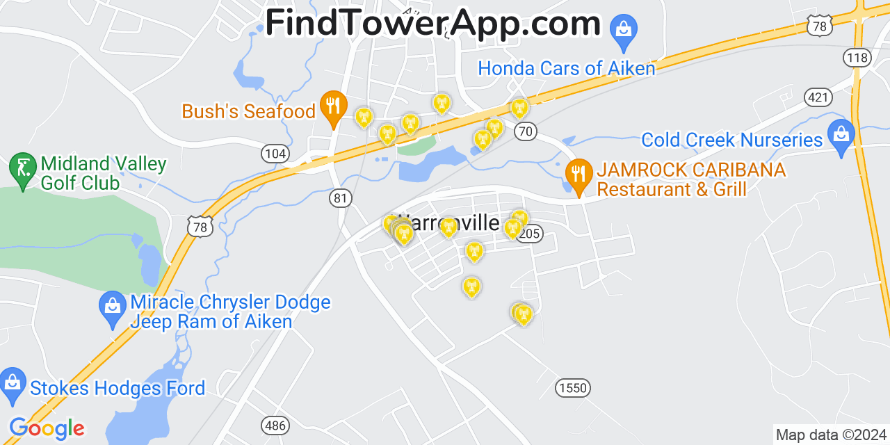 AT&T 4G/5G cell tower coverage map Warrenville, South Carolina