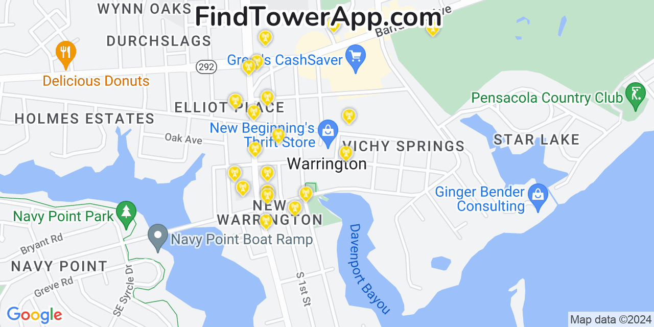 AT&T 4G/5G cell tower coverage map Warrington, Florida