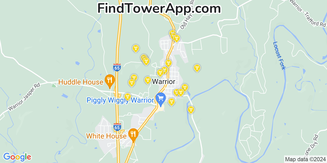 AT&T 4G/5G cell tower coverage map Warrior, Alabama