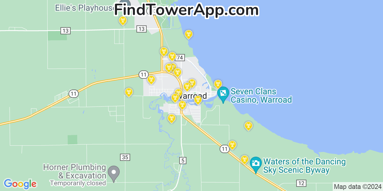 AT&T 4G/5G cell tower coverage map Warroad, Minnesota