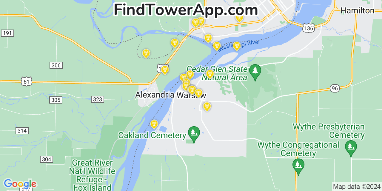 AT&T 4G/5G cell tower coverage map Warsaw, Illinois