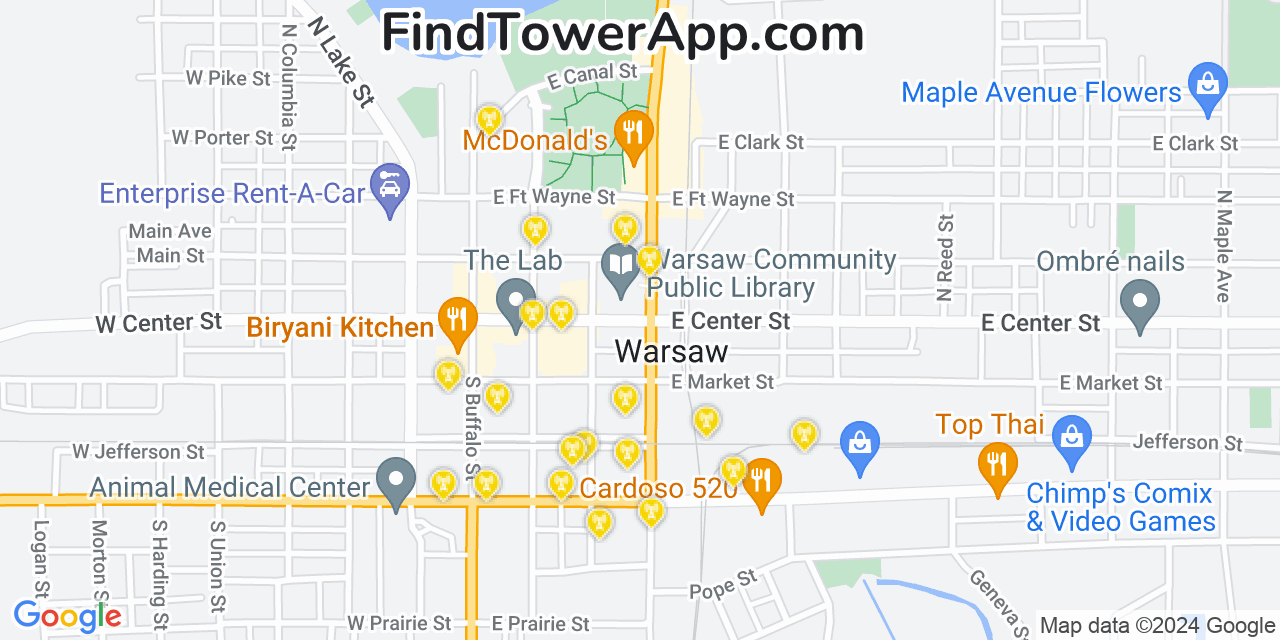 AT&T 4G/5G cell tower coverage map Warsaw, Indiana