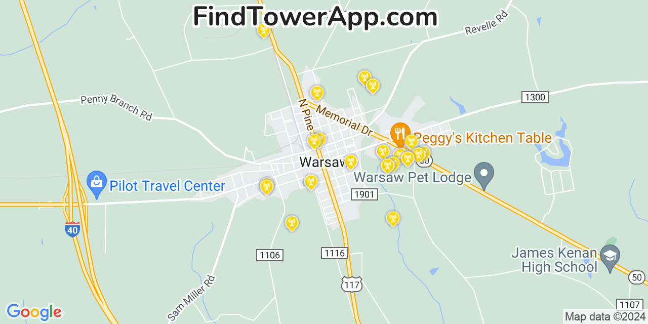 AT&T 4G/5G cell tower coverage map Warsaw, North Carolina